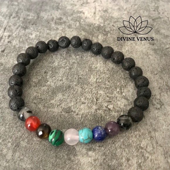 7 Chakra Stretch Bracelet Gemstones & Lava Rocks - Picture 7 of 8